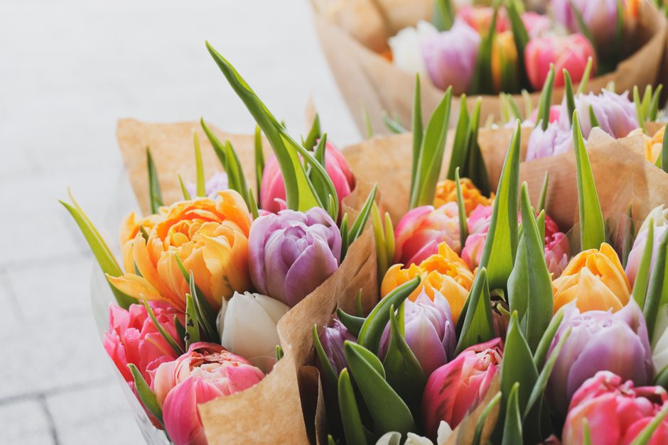 A collection of fresh tulips in various colors including pink, purple, orange, and white, arranged in brown paper wrapping with long green stems and leaves. The tulips are displayed on a light-colored