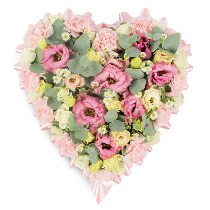 Set against a clean white backdrop, this heart-shaped floral tribute has the quiet presence of something lovingly prepared in a local Crayford workshop for a final farewell. The outline of the heart is clearly defined by a thick border of pale pink blossoms, likely carnations, packed closely together so that no gaps break the soft, rounded contour. Their petals form a plush, almost quilted texture, suggesting an embrace that holds the floral centre gently in place. Woven through this border, a narrow pink satin ribbon shimmers faintly, folding into small, careful bows that highlight the dips and points of the heart, lending an air of refinement and ceremony. Inside, the heart is richly filled with a blend of pastel flowers. Large pink lisianthus blooms open in layered ruffles, their shades shifting from cool rose to warmer blush, drawing the eye to their romantic, velvety centres. Around them, light pink carnations deepen the texture, nestling alongside clusters of creamy yellow and ivory spray roses, or small lisianthus buds, that look like they are just about to unfold. These softer tones are brightened by scattered white daisy-like flowers with vivid yellow middles, as if tiny wildflowers have found their way into the arrangement, adding charm and innocence. Interspersed among the blooms are rounded stems of silvery eucalyptus and some darker green, variegated foliage, which give the design a calm, natural rhythm and a sense of breathing space. The overall impression is one of tender remembrance and enduring love, a fitting tribute for a funeral or memorial in Crayford, Bexley, or the surrounding Kent suburbs, where families look for floral arrangements that express what words cannot.