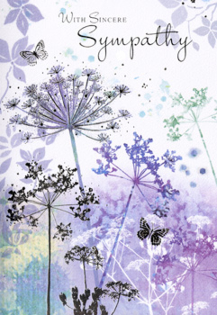 The artwork on this sympathy card offers a quiet refuge, much like pausing for a reflective moment in one of Crayford's peaceful garden corners. A cluster of tall, slender wildflowers occupies the centre, their stems so fine they look almost like pencil sketches washed over with watercolour. At the top of each stem, delicate umbel-shaped blossoms fan out in tiny, lacy clusters, painted in layers of lavender, muted violet, and soft blue. The petals are semi-transparent, with some edges deliberately blurred, suggesting a gentle breeze or the way flowers appear through tired, tearful eyes. Around them, the background is a smooth wash of silvery greens melting into powdery purples, reminiscent of damp evening light settling over a quiet park near Hall Place. Two butterflies hover above and between the blooms, their wings tinted with faint lilac and pearl-grey, rendered so lightly that they feel almost like memories caught on the page. There is a notable softness to the entire composition: no harsh lines, no bright contrasts, only gradual transitions of colour and form that soothe rather than demand attention. As a florist working in Crayford, I'm reminded of the natural, unforced elegance of wildflowers that appear along local paths; this card captures that same gentle resilience. It pairs beautifully with understated sympathy flowers-perhaps soft white and lilac stems-delivered to homes around Crayford or to local funeral services. More than a simple greeting, the card's design becomes a visual expression of condolence: quiet, enduring, and full of unspoken care.