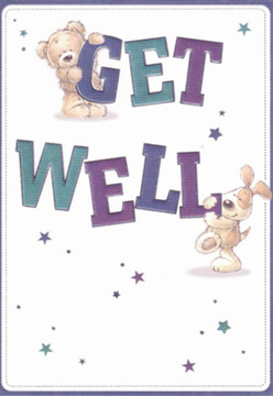 This charming get well card, beloved around Crayford, radiates immediate comfort and gentle optimism. With a winsome teddy perched atop the bold word 'GET' and an enthusiastic puppy nestled by the sturdy 'WELL,' the illustration captures a spirit of companionship so familiar to those who frequent Crayford market lanes. Their rounded, plush forms are lovingly drawn, expressive faces shimmering with hope and affection. Deep hues of purple and teal highlight the wording, their vibrancy heightened by a crisp, clean white background-invoking the fresh feel of a new bouquet delivered by Crayford Flowers on a blustery local afternoon. Scattered stars, each a glimmer of encouragement, dance across the card in cool tones of blue and violet, suggesting the magic woven into every act of well-wishing. The peaceful scene feels as thoughtfully composed as the finest floral arrangement-each detail, from the tactile softness of the illustrated fur to the flowing, celebratory letters, carefully intended to buoy someone's spirits. Much like delivering a bright bunch of seasonal blooms to a friend's door near Hall Place Gardens, this card offers a moment of nurturing care, lighting the path toward brighter, healthier days in Crayford.